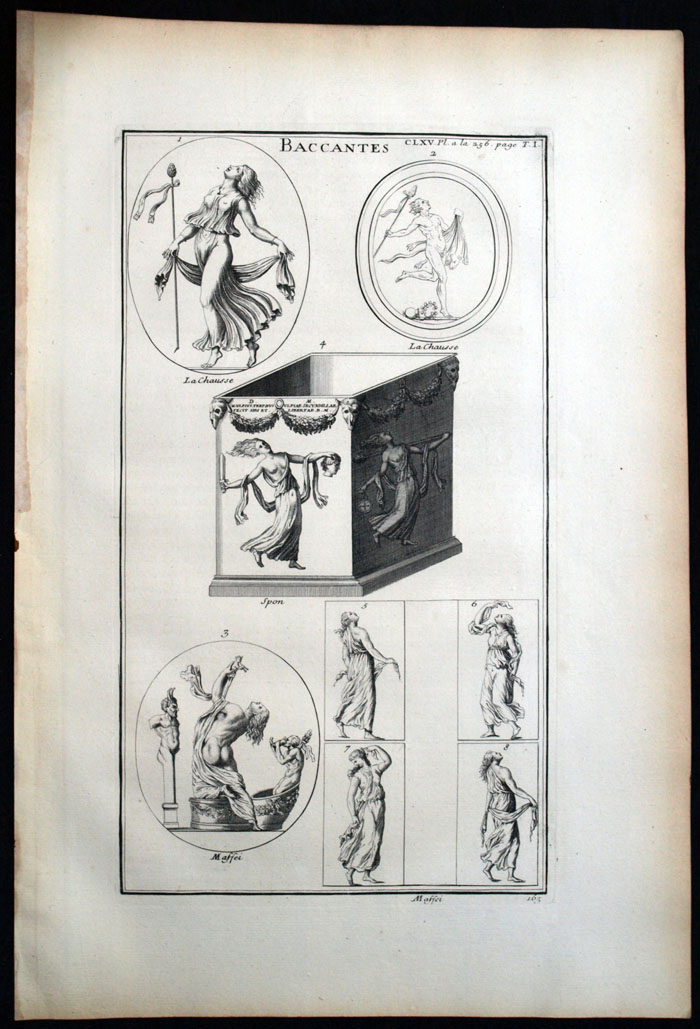 Statue Medailles Baccantes Bacchus Antiquity Montfaucon - 18th century engraving